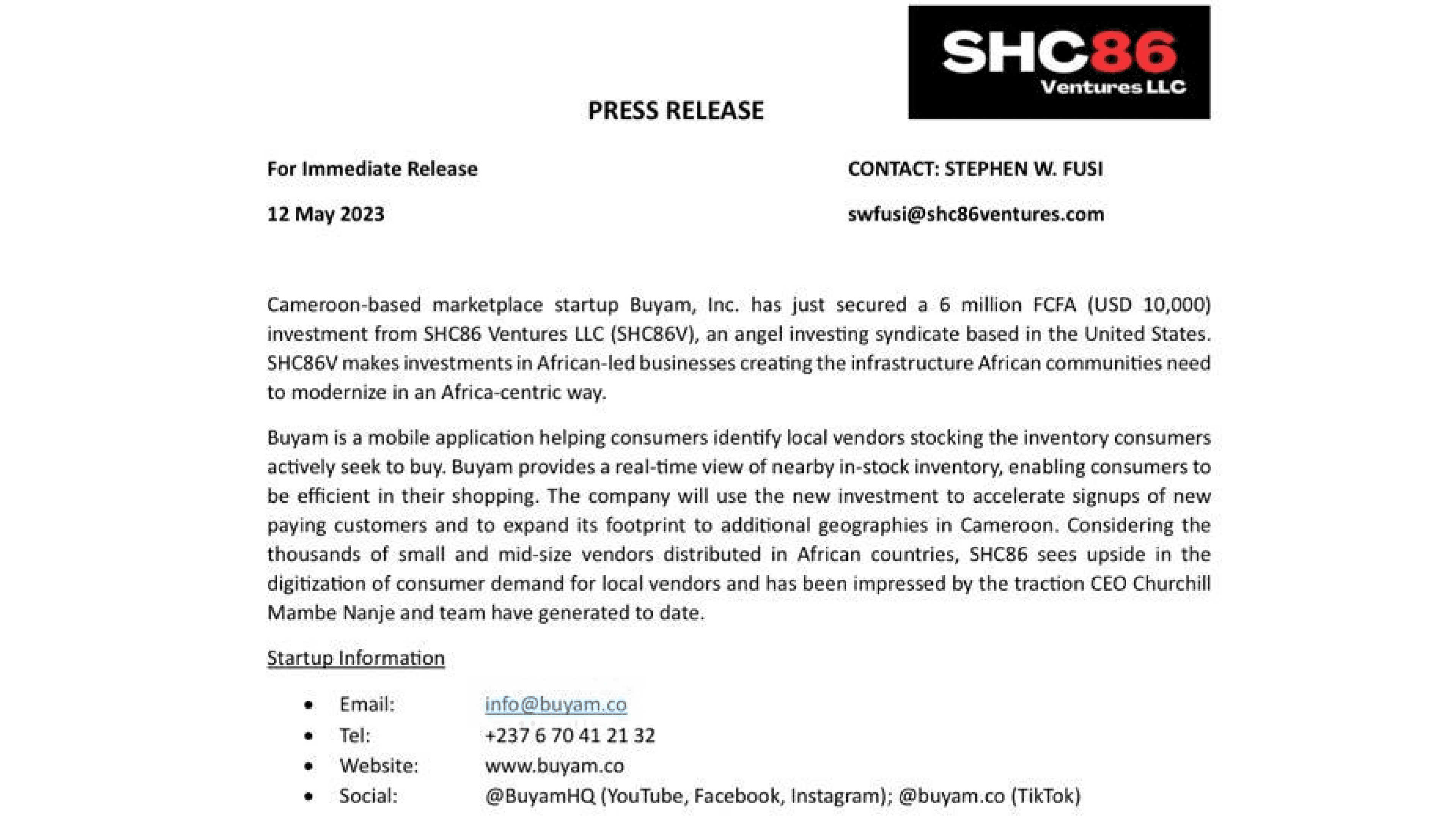 Buyam SHC86 Press Release