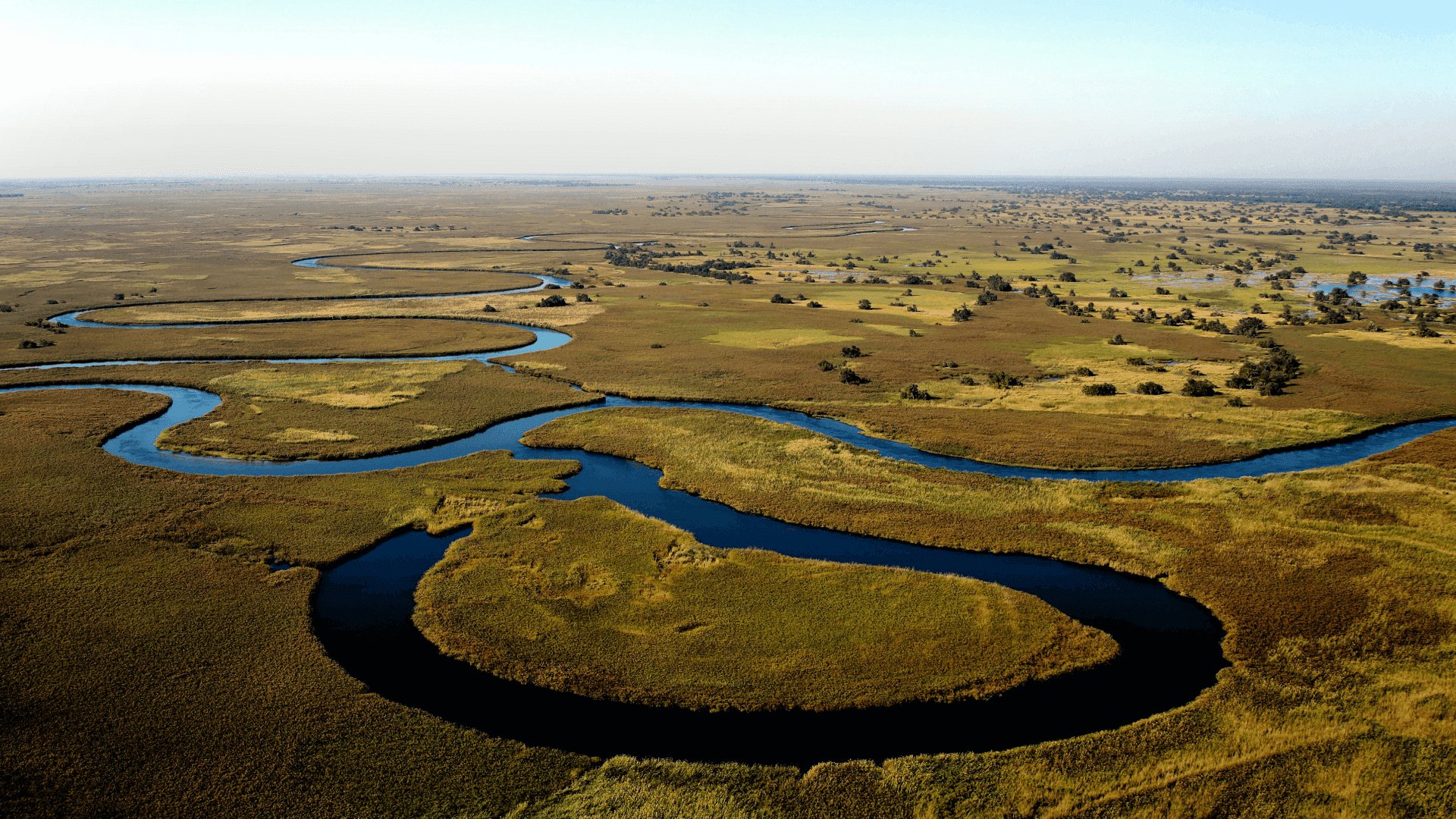 Aerial shot of the Okavango River, Shakawe, Botswana